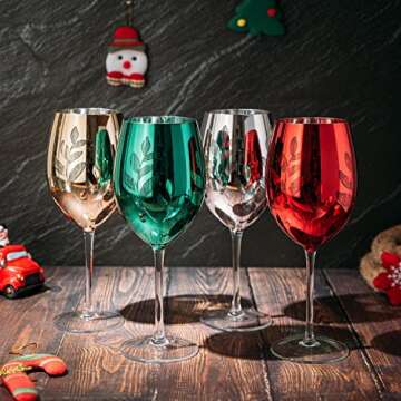 Multicolor Winter 4-Piece Tree Wine, Champagne & Water Glasses - Shining Red Green Yellow Silver, Perfect Seasonal Parties, Thanksgiving, Glass Trees Decor, Winter Home Decorations