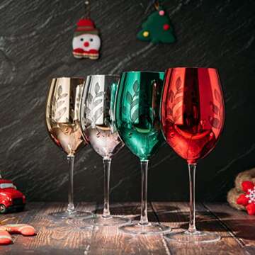 Multicolor Winter 4-Piece Tree Wine, Champagne & Water Glasses - Shining Red Green Yellow Silver, Perfect Seasonal Parties, Thanksgiving, Glass Trees Decor, Winter Home Decorations