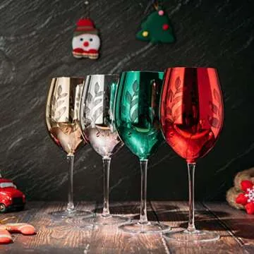 Multicolor Winter 4-Piece Tree Wine, Champagne & Water Glasses - Shining Red Green Yellow Silver, Perfect Seasonal Parties, Thanksgiving, Glass Trees Decor, Winter Home Decorations