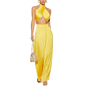 Dgebou Summer Elegant Two Piece Outfits for Women, Sexy Halter Criss Cross Crop Tops and Wide Leg Pants Sets Shiny Clubwear