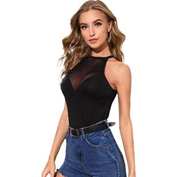 Verdusa Women's Sheer Contrast Mesh Sleeveless Slim Fitted Halter Top Black L
