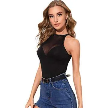 Verdusa Women's Sheer Contrast Mesh Sleeveless Slim Fitted Halter Top Black L