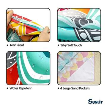 Sunlit Silky Soft 106"x81" Boho Sand Proof Beach Blanket Sand Proof Mat with Corner Pockets and Mesh Bag for Beach Party, Travel, Camping and Outdoor Music Festival, Peacock Blue Flower Mandala