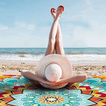 Sunlit Silky Soft 106"x81" Boho Sand Proof Beach Blanket Sand Proof Mat with Corner Pockets and Mesh Bag for Beach Party, Travel, Camping and Outdoor Music Festival, Peacock Blue Flower Mandala