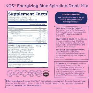 KOS Energizing Blue Spirulina Blend - USDA Certified Organic - B Vitamins, Ashwagandha, Ginseng, Adaptogens, Biotin - Vegan Pre Workout Powder - Caffeinated, Berry Flavored, 28 Servings