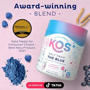 KOS Energizing Blue Spirulina Blend - USDA Certified Organic - B Vitamins, Ashwagandha, Ginseng, Adaptogens, Biotin - Vegan Pre Workout Powder - Caffeinated, Berry Flavored, 28 Servings