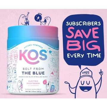 KOS Energizing Blue Spirulina Blend - USDA Certified Organic - B Vitamins, Ashwagandha, Ginseng, Adaptogens, Biotin - Vegan Pre Workout Powder - Caffeinated, Berry Flavored, 28 Servings