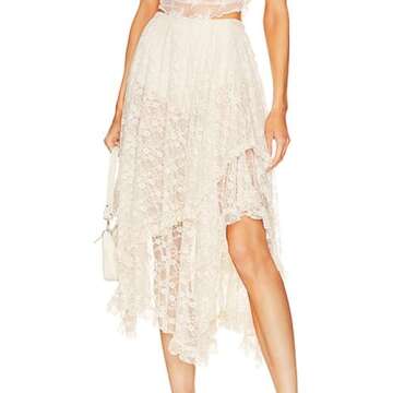 Yimoon Women's Floral Lace Long Skirts Elastic Asymmetrical Layered See-Through Maxi Skirts Sexy Sheer Flowy Beach Skirt(Beige-S)