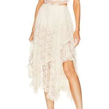 Yimoon Women's Floral Lace Long Skirts Elastic Asymmetrical Layered See-Through Maxi Skirts Sexy Sheer Flowy Beach Skirt(Beige-S)