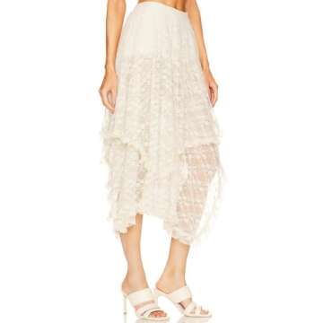 Yimoon Women's Floral Lace Long Skirts Elastic Asymmetrical Layered See-Through Maxi Skirts Sexy Sheer Flowy Beach Skirt(Beige-S)