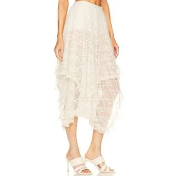 Yimoon Women's Floral Lace Long Skirts Elastic Asymmetrical Layered See-Through Maxi Skirts Sexy Sheer Flowy Beach Skirt(Beige-S)