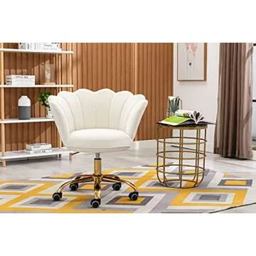 ZOBIDO Comfy Home Office Task Chair with Wheels, Cute Modern Upholstered Velvet Seashell Back Adjustable Swivel Vanity Desk Chair, for Women, for Girls, Living Room, Bedroom (White)