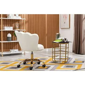 ZOBIDO Comfy Home Office Task Chair with Wheels, Cute Modern Upholstered Velvet Seashell Back Adjustable Swivel Vanity Desk Chair, for Women, for Girls, Living Room, Bedroom (White)