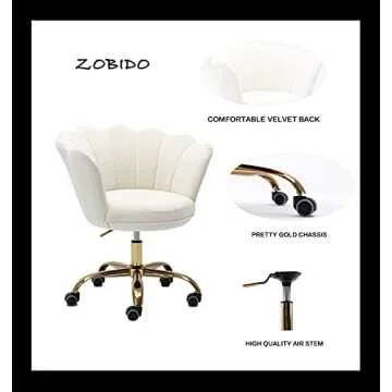 ZOBIDO Comfy Home Office Task Chair with Wheels, Cute Modern Upholstered Velvet Seashell Back Adjustable Swivel Vanity Desk Chair, for Women, for Girls, Living Room, Bedroom (White)