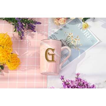 Letter G Personalized Initial Mug, Letter G Personalized Marble Coffee Mug, Letter Coffee Mugs for Women, Bridal Shower Gifts, Man and Women's Initials Gifts Mug 14 Ounce Pink with Gift Box