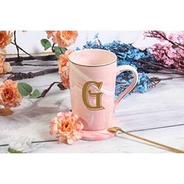 Letter G Personalized Initial Mug, Letter G Personalized Marble Coffee Mug, Letter Coffee Mugs for Women, Bridal Shower Gifts, Man and Women's Initials Gifts Mug 14 Ounce Pink with Gift Box