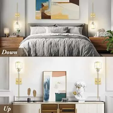 Modern Gold Wall Sconces Lighting Battery Operated Set of 2,No Wiring Rechargeable Wall Lights Fixture with Wireless Remote,Clear Glass Long Wall Lamp for Bedroom Bathroom Living Room Vanity Light