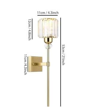 Modern Gold Wall Sconces Lighting Battery Operated Set of 2,No Wiring Rechargeable Wall Lights Fixture with Wireless Remote,Clear Glass Long Wall Lamp for Bedroom Bathroom Living Room Vanity Light