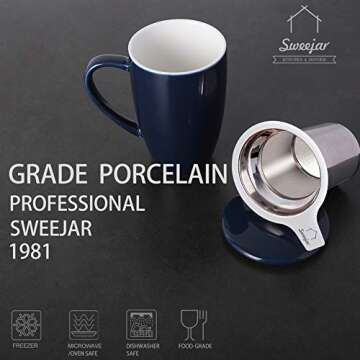 Sweejar Porcelain Tea Infuser Cup with Lid, 16 oz Tea Cup with Strainers for Loose Leaf Tea, Microwa...