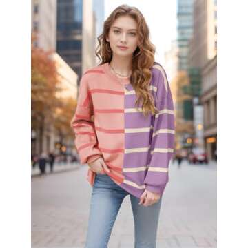 Seiciviy Womens Striped Sweaters Oversized Casual Loose Long Sleeve Crew Neck Color Block Lightweigh...