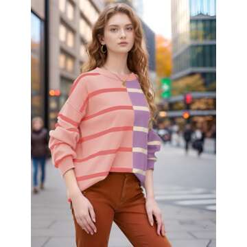 Seiciviy Womens Striped Sweaters Oversized Casual Loose Long Sleeve Crew Neck Color Block Lightweight Cozy Sweaters for Women Pink