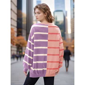 Seiciviy Womens Striped Sweaters Oversized Casual Loose Long Sleeve Crew Neck Color Block Lightweight Cozy Sweaters for Women Pink