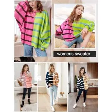 Seiciviy Womens Striped Sweaters Oversized Casual Loose Long Sleeve Crew Neck Color Block Lightweight Cozy Sweaters for Women Pink