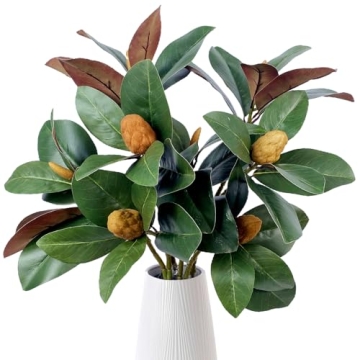 Pack of 4 - Faux Magnolia 32 Inch Long Artificial Magnolia Leaves Branches Fall Greenery 3D Plastic ...
