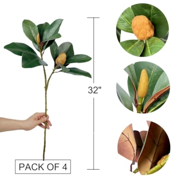 Faux Magnolia Branches - 4 Pack of 32 inch Artificial Stems