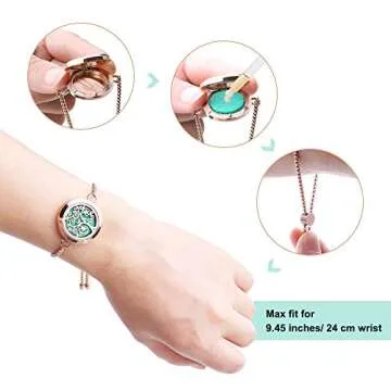 ttstar Essential Oil Diffuser Bracelet Stainless Steel Aromatherapy Locket Adjustable Bracelet Set with 24 Refill Pads in 12 Assorted Colors, Gifts Set for Women(Rose Gold)