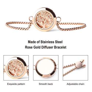 ttstar Essential Oil Diffuser Bracelet Stainless Steel Aromatherapy Locket Adjustable Bracelet Set with 24 Refill Pads in 12 Assorted Colors, Gifts Set for Women(Rose Gold)