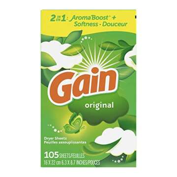 Gain dryer sheets, 105 Count, Original Scent Laundry Fabric Softener Sheets with 2-in-1 Aromaboost P...