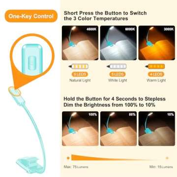 Gritin 9 LED Rechargeable Book Light for Reading in Bed - Eye Caring 3 Color Temperatures,Stepless Dimming Brightness,80 Hrs Runtime Small Lightweight Clip On Book Reading Light for Studying -Blue