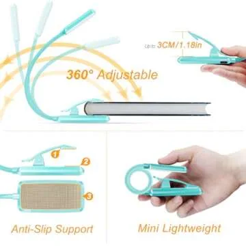 Gritin 9 LED Rechargeable Book Light for Reading in Bed - Eye Caring 3 Color Temperatures,Stepless Dimming Brightness,80 Hrs Runtime Small Lightweight Clip On Book Reading Light for Studying -Blue
