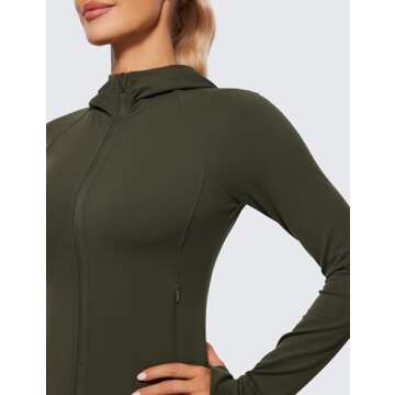 CRZ YOGA Womens Butterluxe Full Zip Workout Hoodie Jackets Slim Fit Hooded Athletic Yoga Lightweight Jacket with Thumb Holes Olive Green Medium