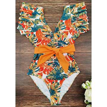 Binlowis V Neck Ruffle One Piece Swimsuit Ladies Floral Print Sexy Belt Bathing Suit Tie Back Swimwear(Print2002,M)