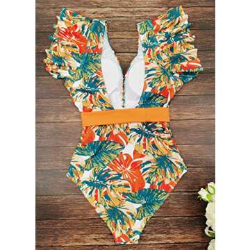 Binlowis V Neck Ruffle One Piece Swimsuit Ladies Floral Print Sexy Belt Bathing Suit Tie Back Swimwear(Print2002,M)