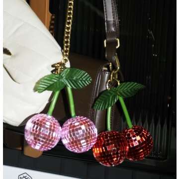 Yeehlmer Cherry Bag Charm Disco Ball for Women Sparkling Car Keychain Ring Strap Accessories for Bags Handbag Car Charms (Pink)