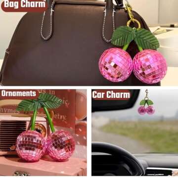 Yeehlmer Cherry Bag Charm Disco Ball for Women Sparkling Car Keychain Ring Strap Accessories for Bags Handbag Car Charms (Pink)