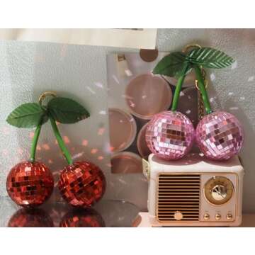 Yeehlmer Cherry Bag Charm Disco Ball for Women Sparkling Car Keychain Ring Strap Accessories for Bags Handbag Car Charms (Pink)