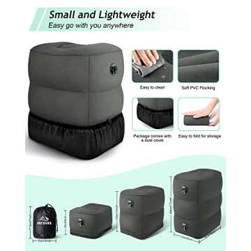 JefDiee Inflatable Travel Foot Rest Pillow, Kids Airplane Bed, Adjustable 3 Layers Height Leg Rest Pillow, Adults Travel Essentials Great for Airplane, Office, Home, Trains, Cars (Dark Grey)