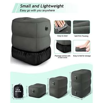 JefDiee Inflatable Travel Foot Rest Pillow, Kids Airplane Bed, Adjustable 3 Layers Height Leg Rest Pillow, Adults Travel Essentials Great for Airplane, Office, Home, Trains, Cars (Dark Grey)