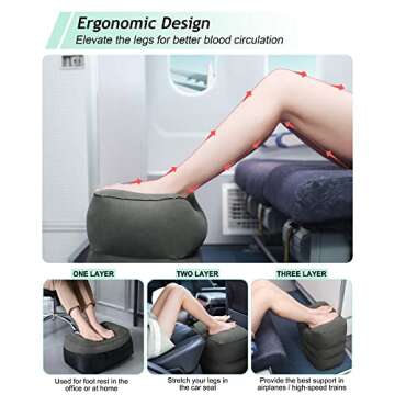 JefDiee Inflatable Travel Foot Rest Pillow, Kids Airplane Bed, Adjustable 3 Layers Height Leg Rest Pillow, Adults Travel Essentials Great for Airplane, Office, Home, Trains, Cars (Dark Grey)