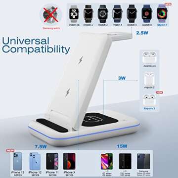 TYCRALI Wireless Charger - 3 in 1 Wireless Charging Station, Foldable Stand Designed for iPhone 14/13/12/11/Pro/X, AirPods 2/Pro, Apple Watch 2-7/SE, Ideal Gift for Him/Her