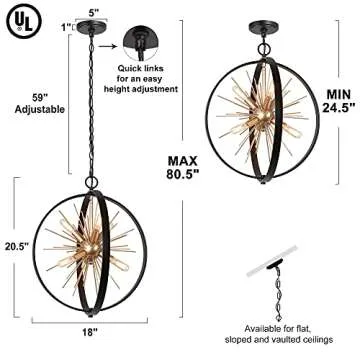 Durent Lighting Black and Gold Chandelier, 6-Light Mid Century Modern Chandelier, 18” Globe Sputni...