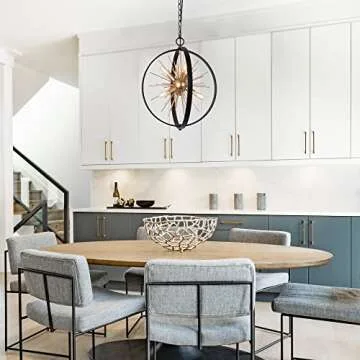 Durent Lighting Black and Gold Chandelier, 6-Light Mid Century Modern Chandelier, 18” Globe Sputnik Starburst Pendant Lighting Fixture for Foyer, Entryway, Dining Living Room, Bedroom, Kitchen Island