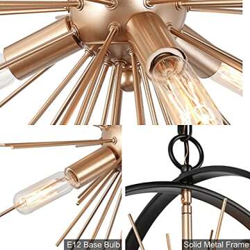 Durent Lighting Black and Gold Chandelier, 6-Light Mid Century Modern Chandelier, 18” Globe Sputnik Starburst Pendant Lighting Fixture for Foyer, Entryway, Dining Living Room, Bedroom, Kitchen Island