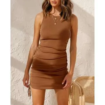 BTFBM Women Sleeveless Bodycon Ruched Short Dress Side Drawstring Solid Crew Neck Casual Summer Tank Shirt Mini Dresses (Brown, Small)