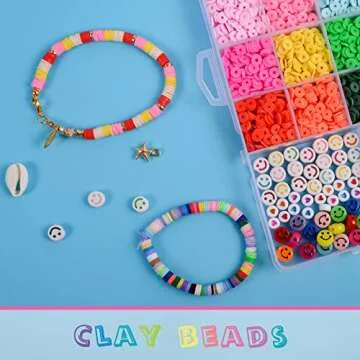 7200 PCS Clay Beads Bracelet Making Kits - 24 Colors Clay Beads Kit with Clear Sting and Smile Face Bead and Tools Flat Round Polymer Clay Beads for Boys Girls with (6mm)