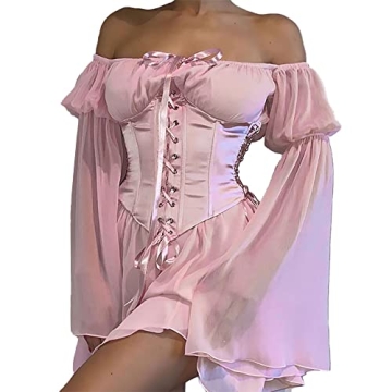 XIWUKOD Pink Corset Dress: Flowy Chiffon Off-Shoulder Mini Elegance